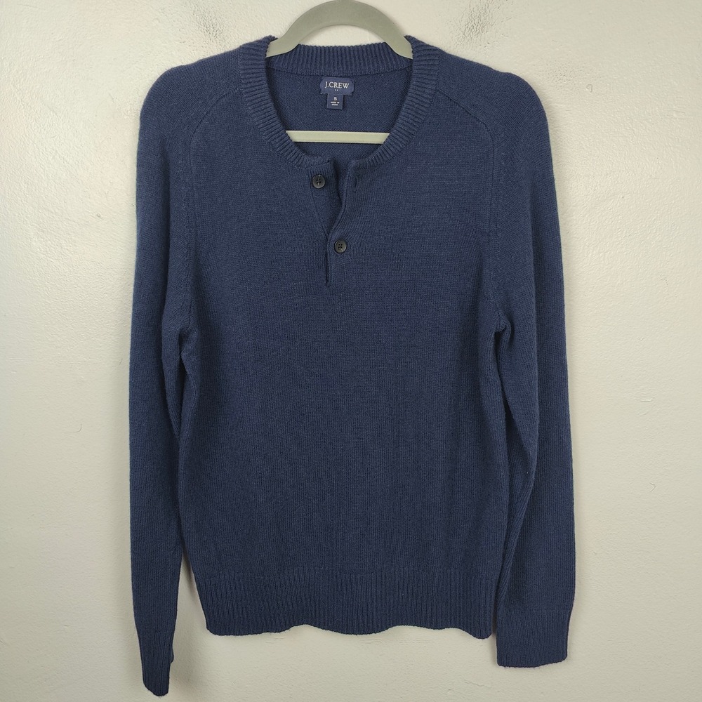 J Crew Henley Sweater Mens Small Navy Blue Lambswool Blend Knit Preppy - Picture 2 of 10